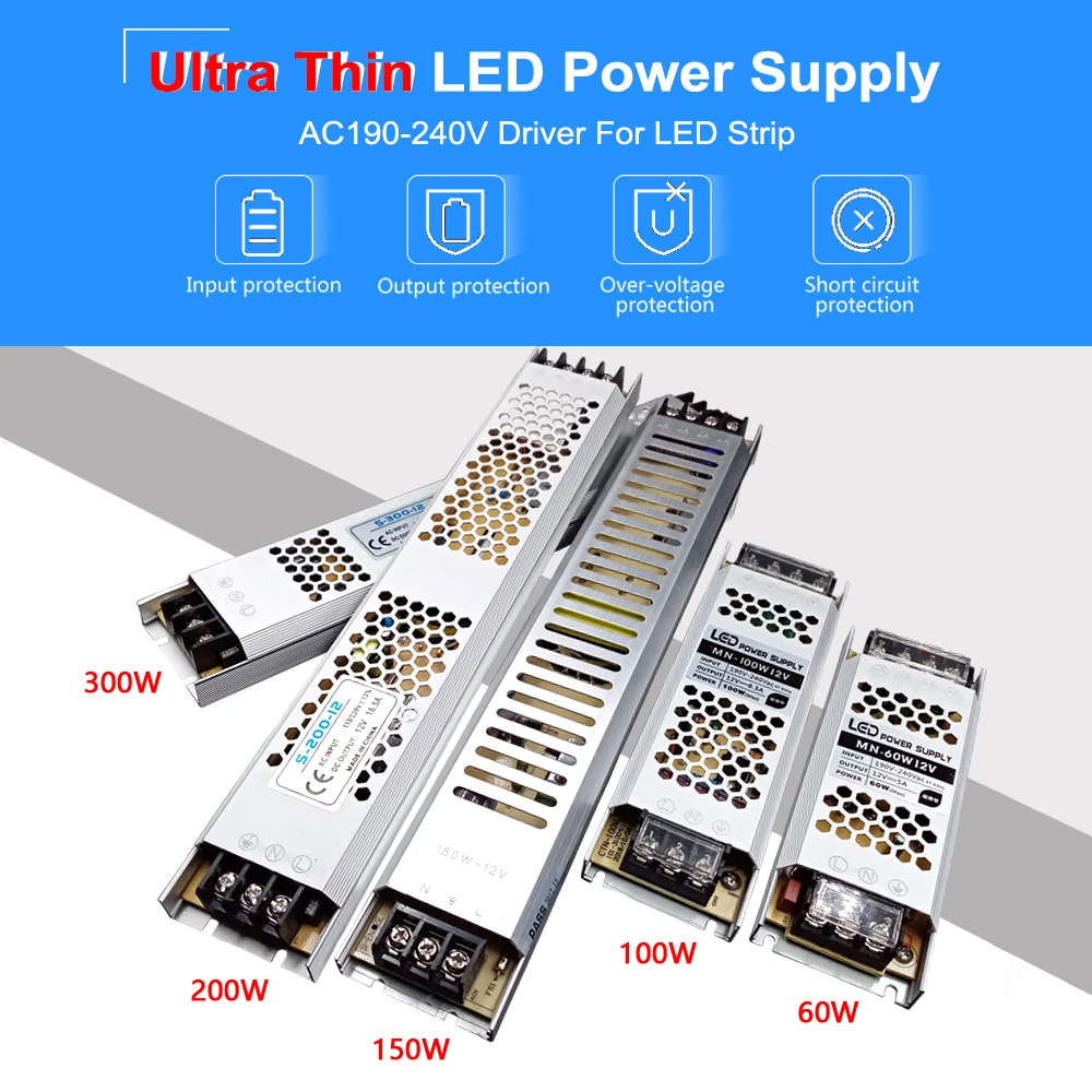 Ультра тонкий светодиодный Питание DC 12V 24V трансформаторы систем освещения 60W 100W 150W 200W 300W AC190-240V драйвер для Светодиодный полоски светодиодный драйвер