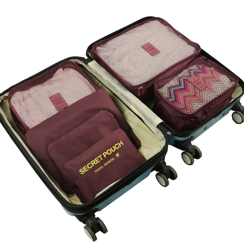 QIAQU 6 шт./компл. путешествия сумки для хранения Портативный Чемодан Органайзер одежда опрятная сумка чемодан упаковка мешок для стирки, аксессуары для путешествий - Цвет: Wine red