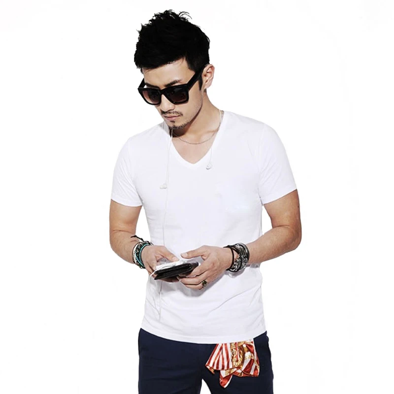 Summer Solid Men's T-shirt Fashion V Neck Short Sleeve  Clothing Trend Casual Slim Fit Breathable And Versatile Solid Top Tees