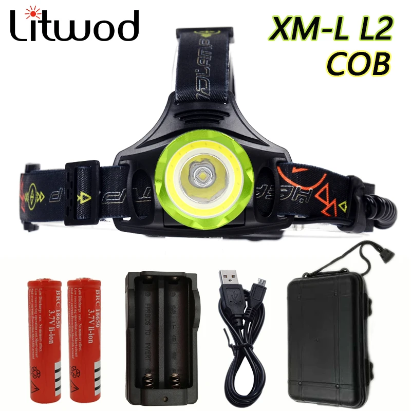 Litwod z307308 5000LM XM-L2 +ซังLedไฟหน้าไฟหน้าไฟหน้าโคมไฟแสงแสงไฟฉายไฟฉายโคมไฟตกปลาตั้งแคมป์2*18650
