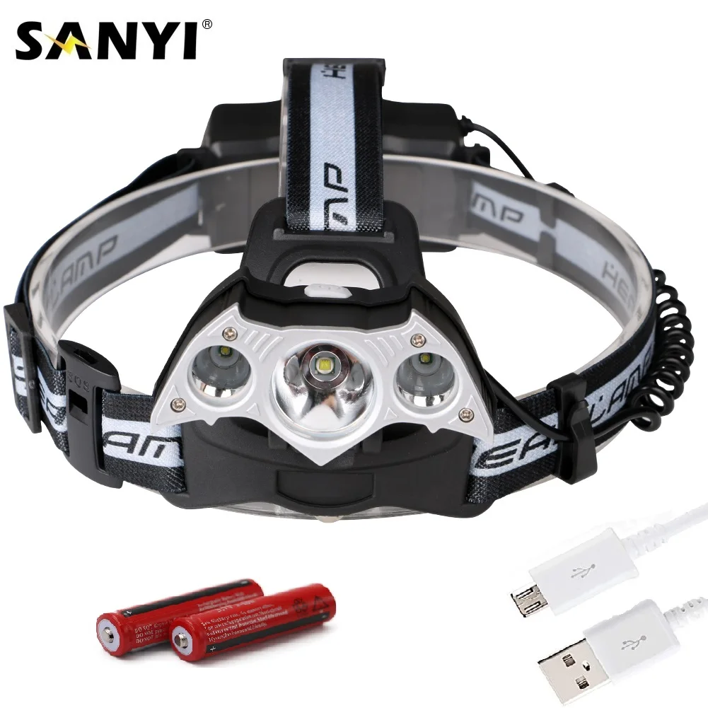 Sanyi XML T6+ 2* XPE светодиодный светильник на голову белый свет налобный фонарь зарядка через usb 18650 Налобный фонарик для рыбалки и походов с SOS свисток