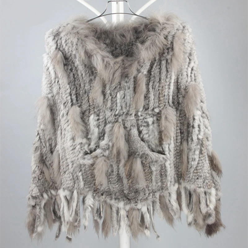 TopFurMall Lady Genuine Knitted Rabbit Fur Shawls with Raccoon Fur Collar Tassel Women Fur