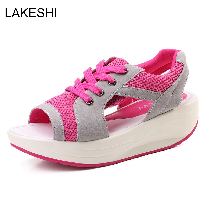 Women Sandals Fashion Platform Summer Shoes Women Mesh Lace Up Beach Canvas Shoes Muffin Bottom chunky sandals Wedges Female