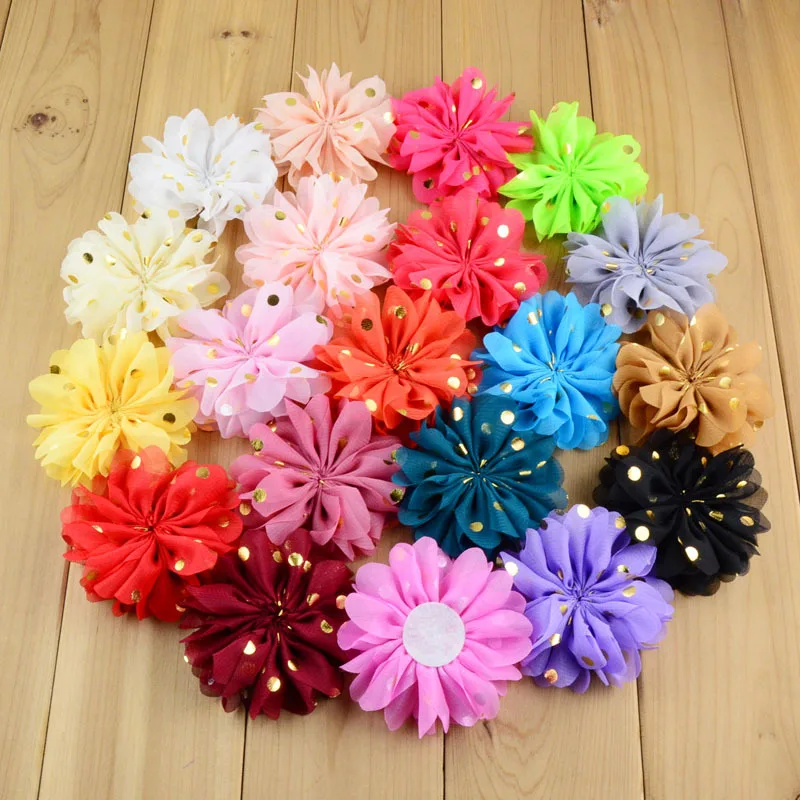 

4 PCS/lot , Scalloped Chiffon Flower with Gold Polka Dots , Fabric Flower Applique, Embellishment and DIY Hair Accessories