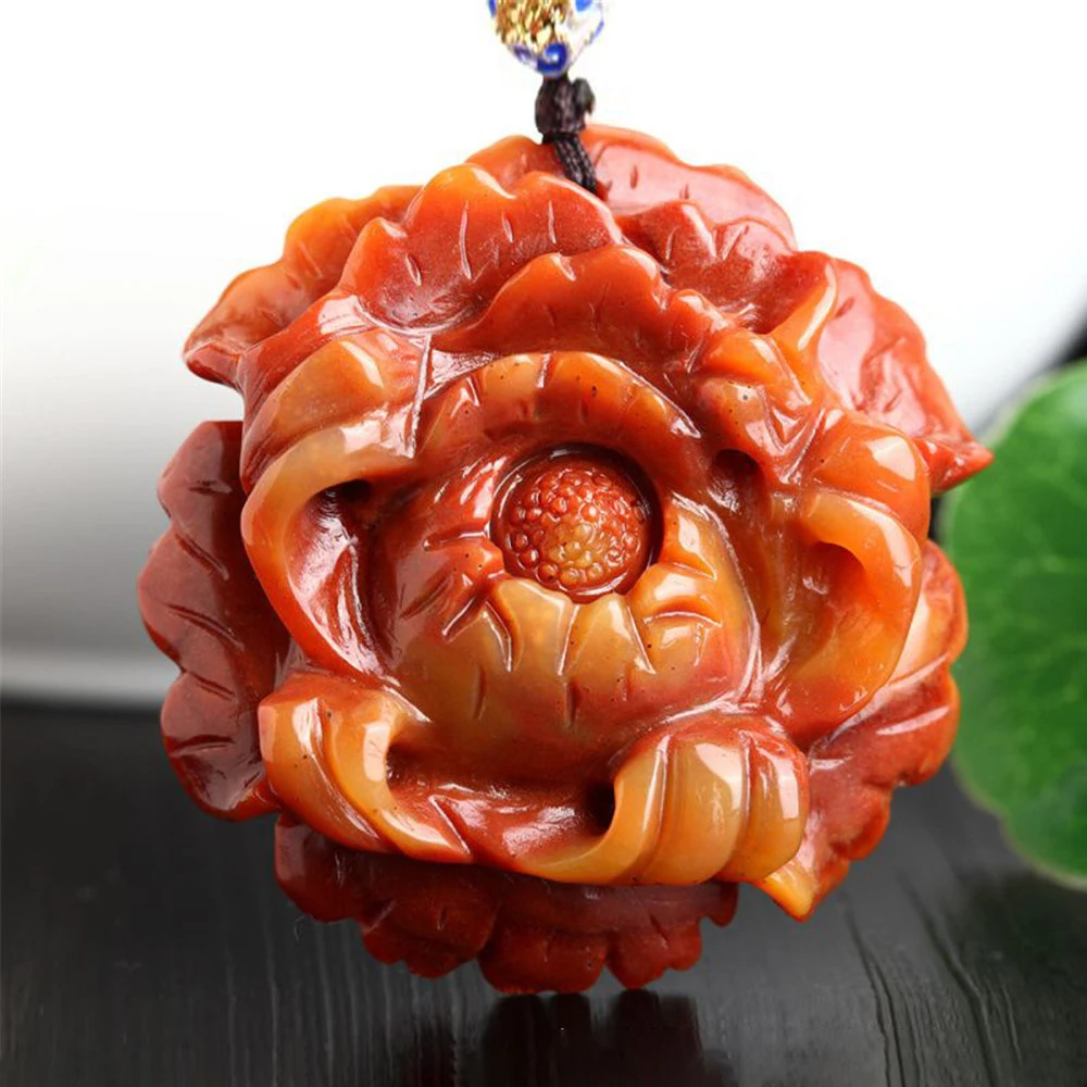 

Hand Carved Natural Yellow Dragon Jadeite Peony Flower Pendant Beautiful Flower Sweater Chain Stone Necklace for Women Dropship