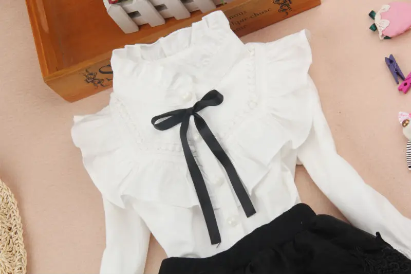 Блузка для девочек г. Осенняя детская одежда для детей белая блузка с оборками для школьниц Милая хлопковая Детская рубашка с бантом Блузы От 2 до 16 лет