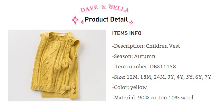 DBZ11138 dave bella autumn winter kids girls cute bow solid yellow coat children fashion sleeveless vest