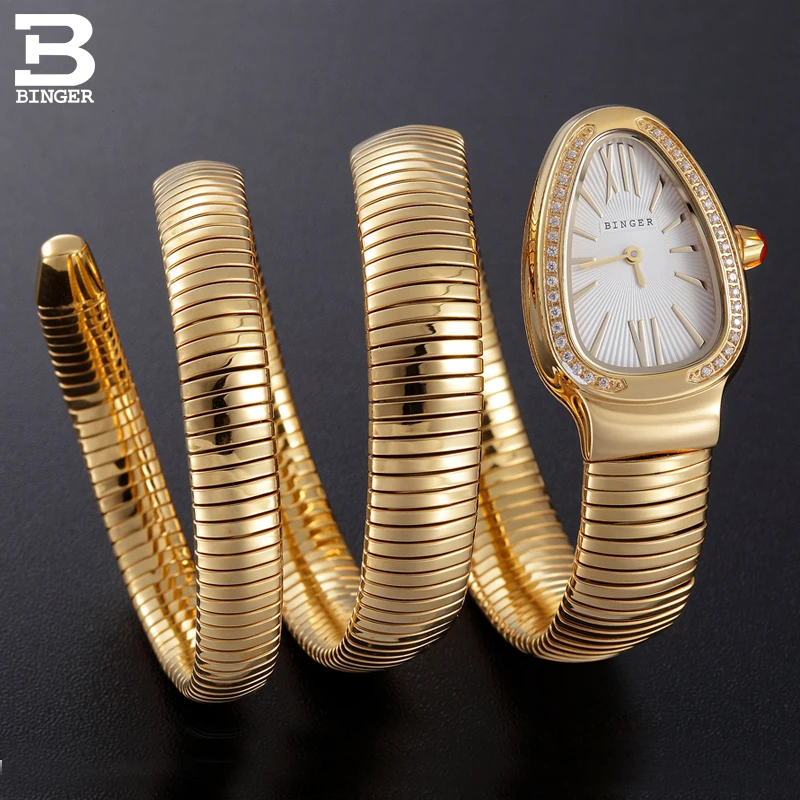 

Switzerland BINGER Women watches Luxury Brand Ladies Quartz Watch Snake Shape Sapphire golden Waterproof Wristwatches B6900-5