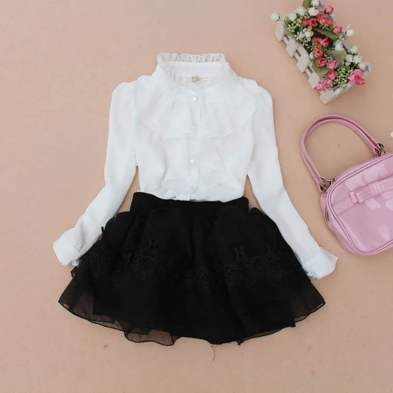 

New 2018 Fall School Girl Shirt Chiffon Lace Baby Teenage Girls Blouse White Toddler Children's Long Sleeve Kids Tops JW0263A