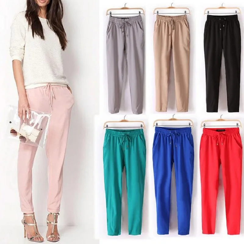 

LASPERAL Women Chiffon Pants Autumn Lace Up Drawstring Trousers Fashion Solid High Waist Loose Sweatpants Pockets Harem Pants