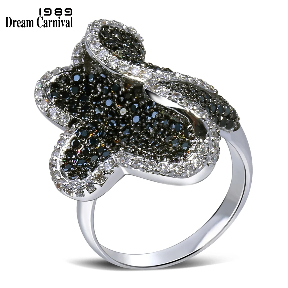 

DreamCarnival 1989 Mystery Flower Rings for Party Jewelry Clear White and Black Stones Rhodium Color Mujeres Anillo SJ09144JT
