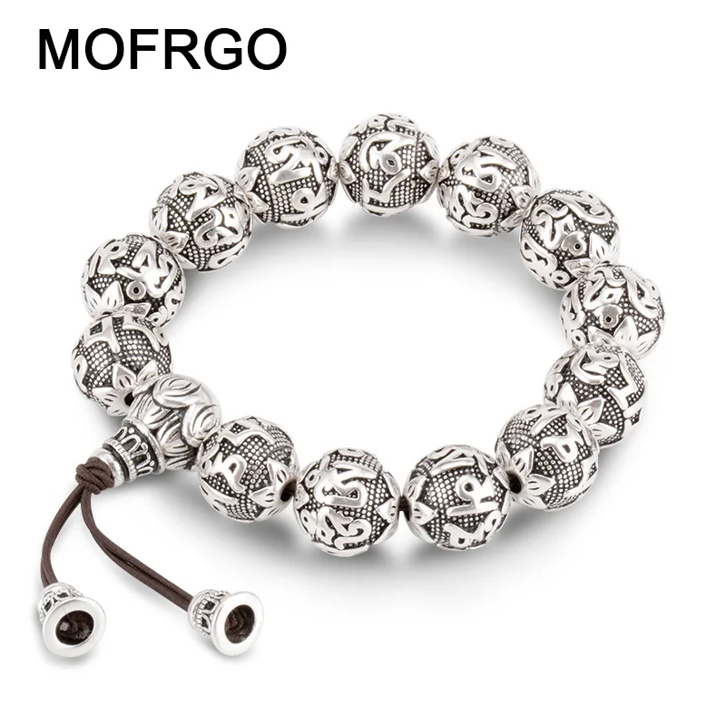 Goedkoop Charm Fijne Retro Tibetaans Boeddhisme Plated Thai Zilveren touw Armband Mannen Zes Woorden Mantra om MANI PADME HUM Lotus Kralen armband
