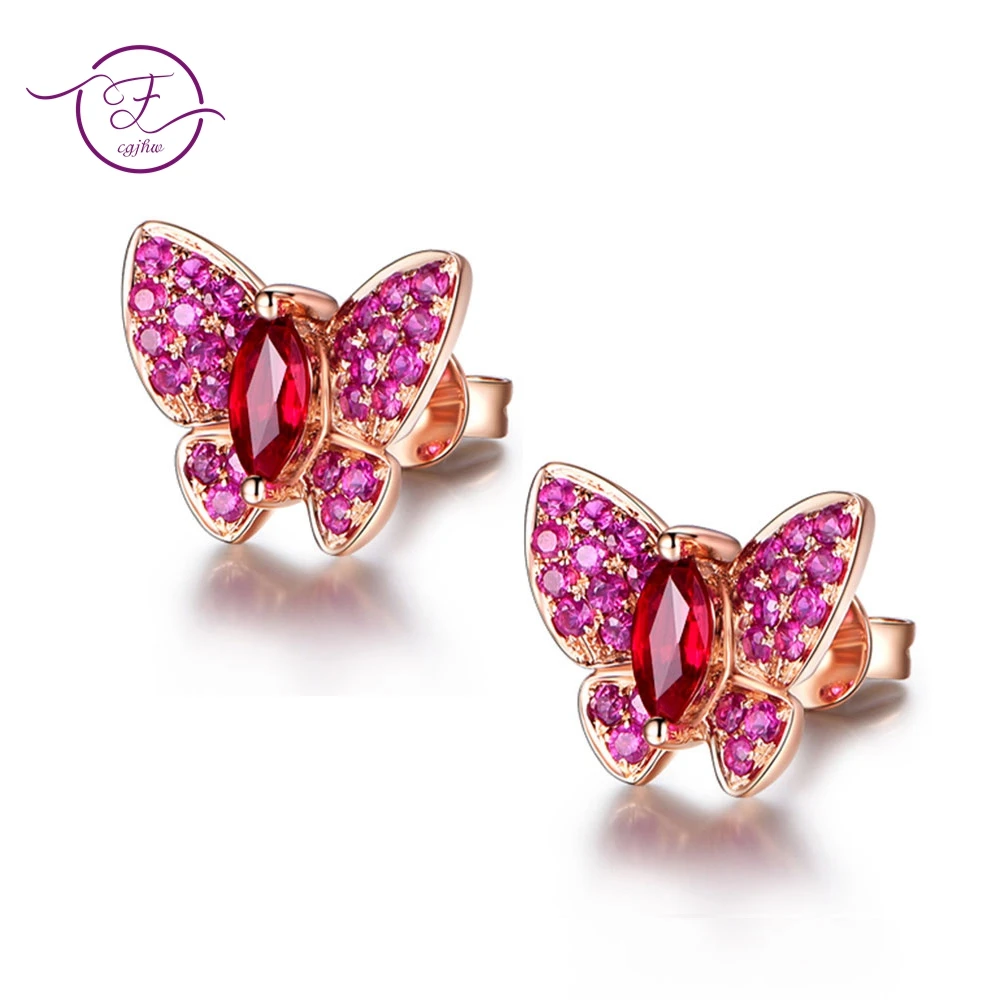 Butterfly Stud Earrings For Women Luxury Ruby Stones Sterling Silver 925 Jewelry Wedding