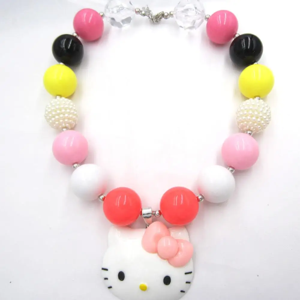 1PC Necklace 1 шт. в партии, милые детские носки для мальчиков и девочек ожерелье из толстых бусин Розовый цвет Hello подвеска в виде котенка из круглых бусинок; Цепочки и ожерелья Ювелирное Украшение в подарок на день рождения для детей - Окраска металла: 1PC Necklace