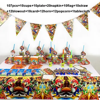 

107pcs/lot Super Mario Bros disposable tableware set paper plate cup horn flag popcorn Mario Bros birthday party decorations set