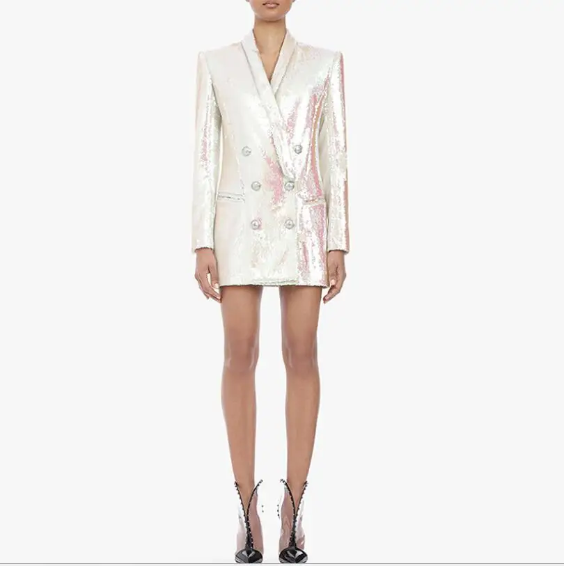 

2019 Newest Style Women's Double Breasted Long Sleeve Slim Dress Sequines Suit Jacket Dress High Quality