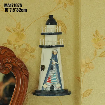 

32CM Wood Lighthouse Key Box Mediterranean-style Tower Figurine Model Seagull Shell Crafts Souvenir Gift For Home Decorations
