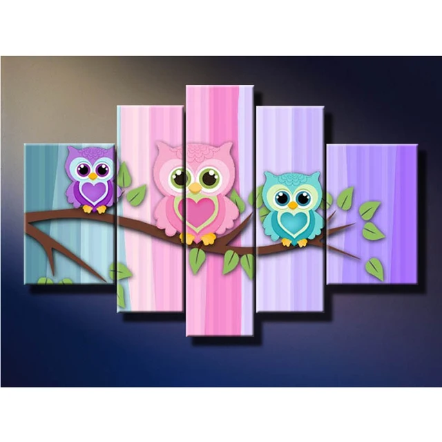 5 panels paintings cute bird little owl picture wall art canvas