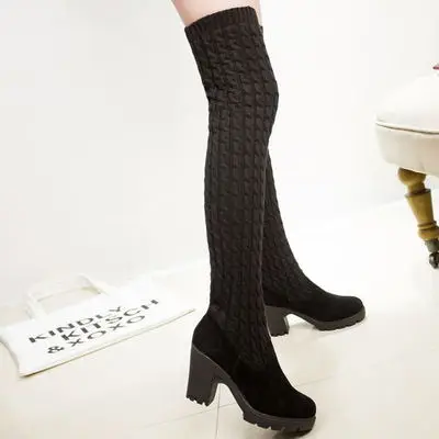 NEW Women Boots Autumn Winter Ladies Fashion Flat Bottom Boots Shoes Over The Knee Thigh High Knitting Wool Long Brand