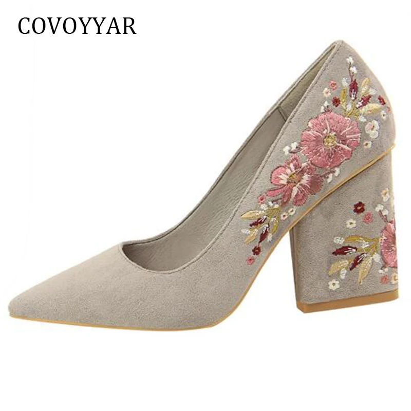 

COVOYYAR 2019 Flowers Lady Chunky High Heels Vintage Embroidered Women Pumps Retro Pointed Toe Slip On Party Shoes Woman WHH655