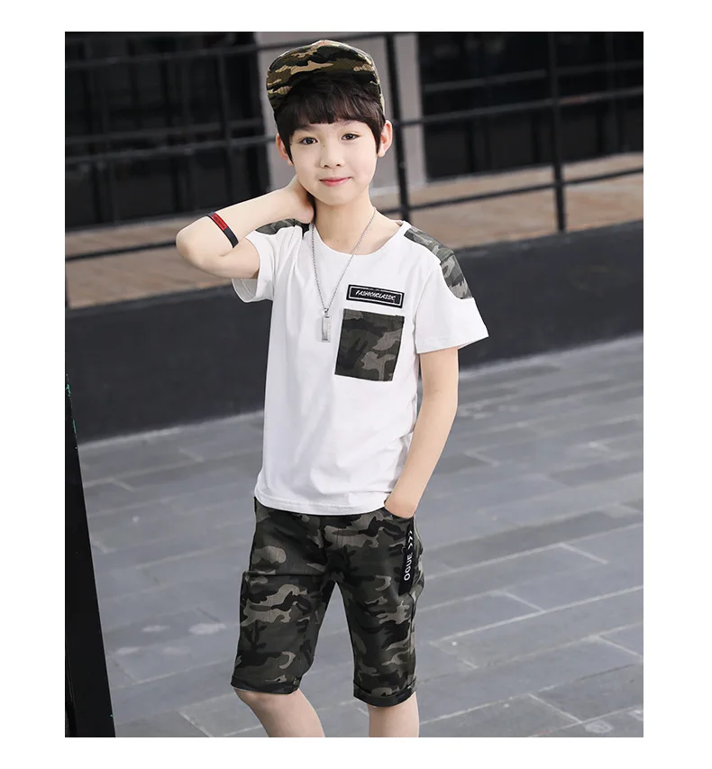 Summer Boys Comouflage Clothing Sets Short-Sleeve Shirts+Pants Clothes Sets For Kids Sports Suits Teenager Tracksuits - Цвет: Белый