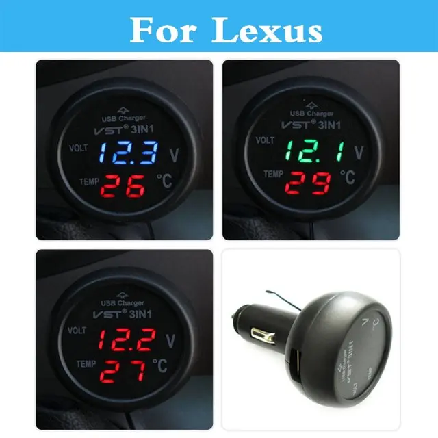 3in1 Voltmeter Thermometer Cigarette Lighter USB Car Charger For Lexus CT ES GS GS F GX HS IS IS