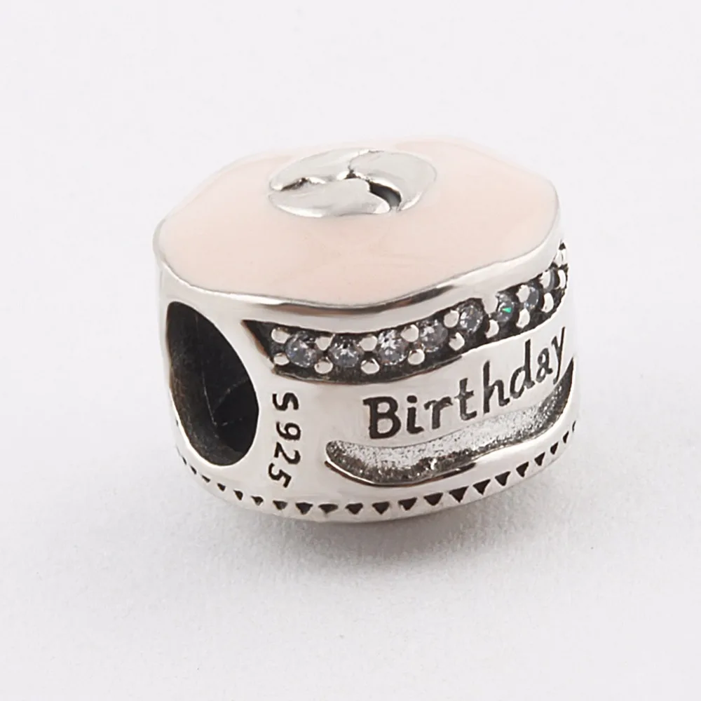 

ZMZY Birthday Cake Authentic 925 Sterling Silver Charms Pink Enamel Beads Fits Pandora Bracelet DIY jewelry Gift