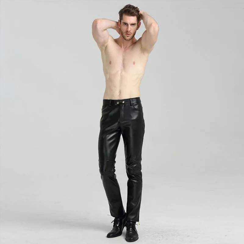Мужские кожаные брюки весна осень модные мужские тонкие из искусственной кожи высокоэластичные брюки мужские мотоциклетные брюки уличные брюки из искусственной кожи