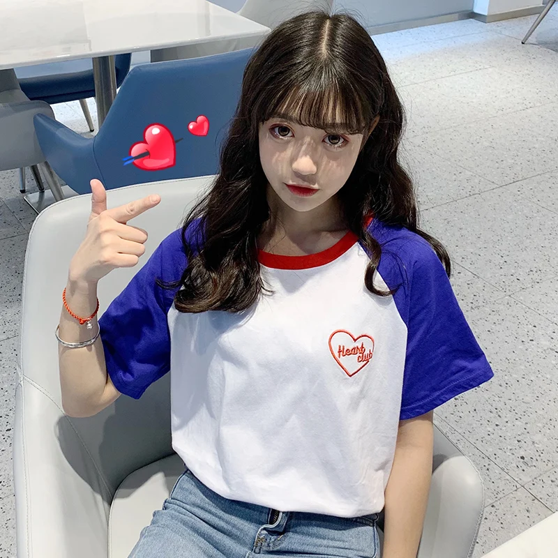 

Women's Summer Tshirts Japan Ulzzang Lovely Embroidered Love Letter Punk Tunic Lazy Female Sweet Ins Chic Tshirt For Women