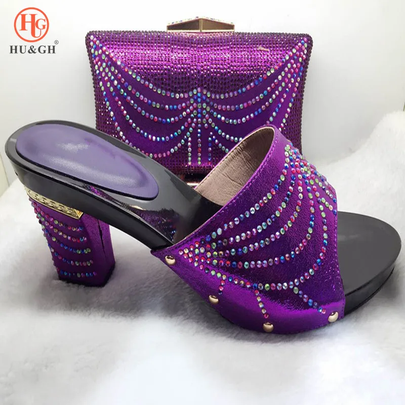 

Purple color shoes with smart handbag Wedding Shoes and Bag Sets Women Pumps Decorated with Diamonds Italian Party Matching Shoe