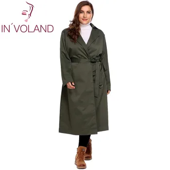 

IN'VOLAND Plus Size L-4XL Women Trench Coat Autumn Winter Long Sleeve Solid Large Overcoat Windbreaker With Belt Big Size