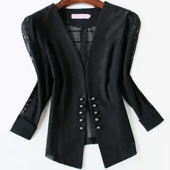 

plus size 5XL!Elegant women cardigan short coat mesh pacthwork hollow transparent slim crop top ladies office blazer jacket