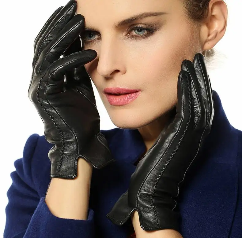 Новинка, женские перчатки из натуральной кожи, зимние перчатки, теплые, черные, коричневые, темно-коричневые, фиолетовые, темно-синие, винные - Цвет: Black  L