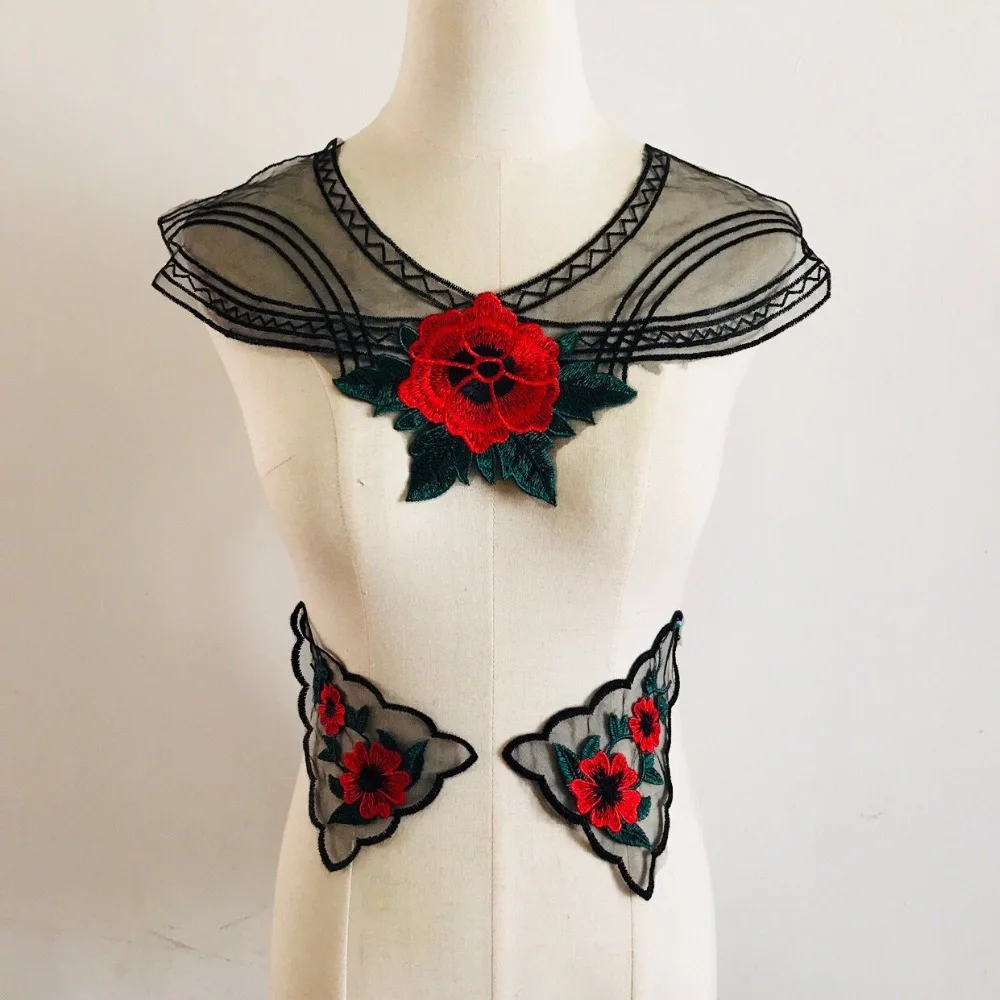 Lace Mesh Embroidery Red Rose Collar Patches DIY Clothes Accessories