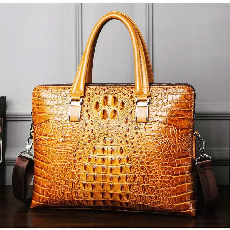 Портфель из воловьей кожи с узором «крокодиловая кожа», мужские сумки, мужская кожаная сумка на плечо, мужская сумка для ноутбука А4, бумажная сумка-тоут, сумка - Цвет: yellow