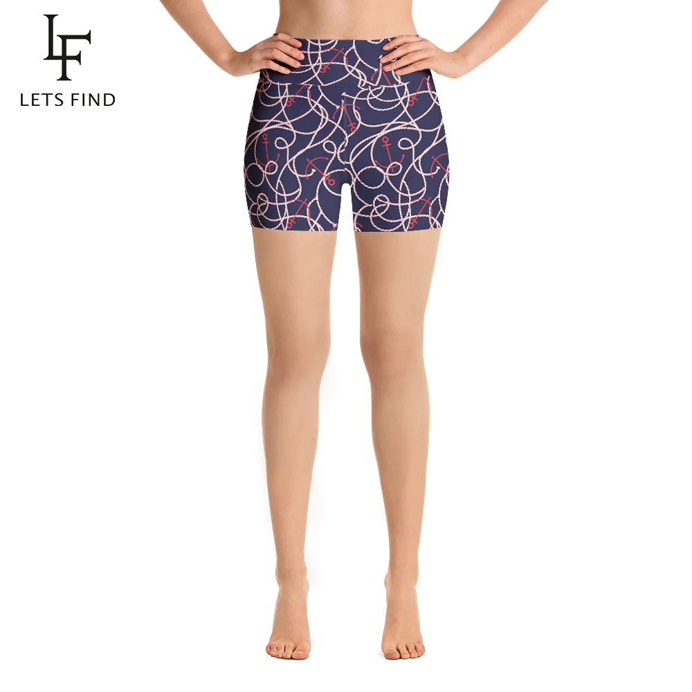 

LETSFIND Summer 3D Anchor and Rope Print Knee Length Women High Waist Plus Size Polyester Fitness Short Leggings