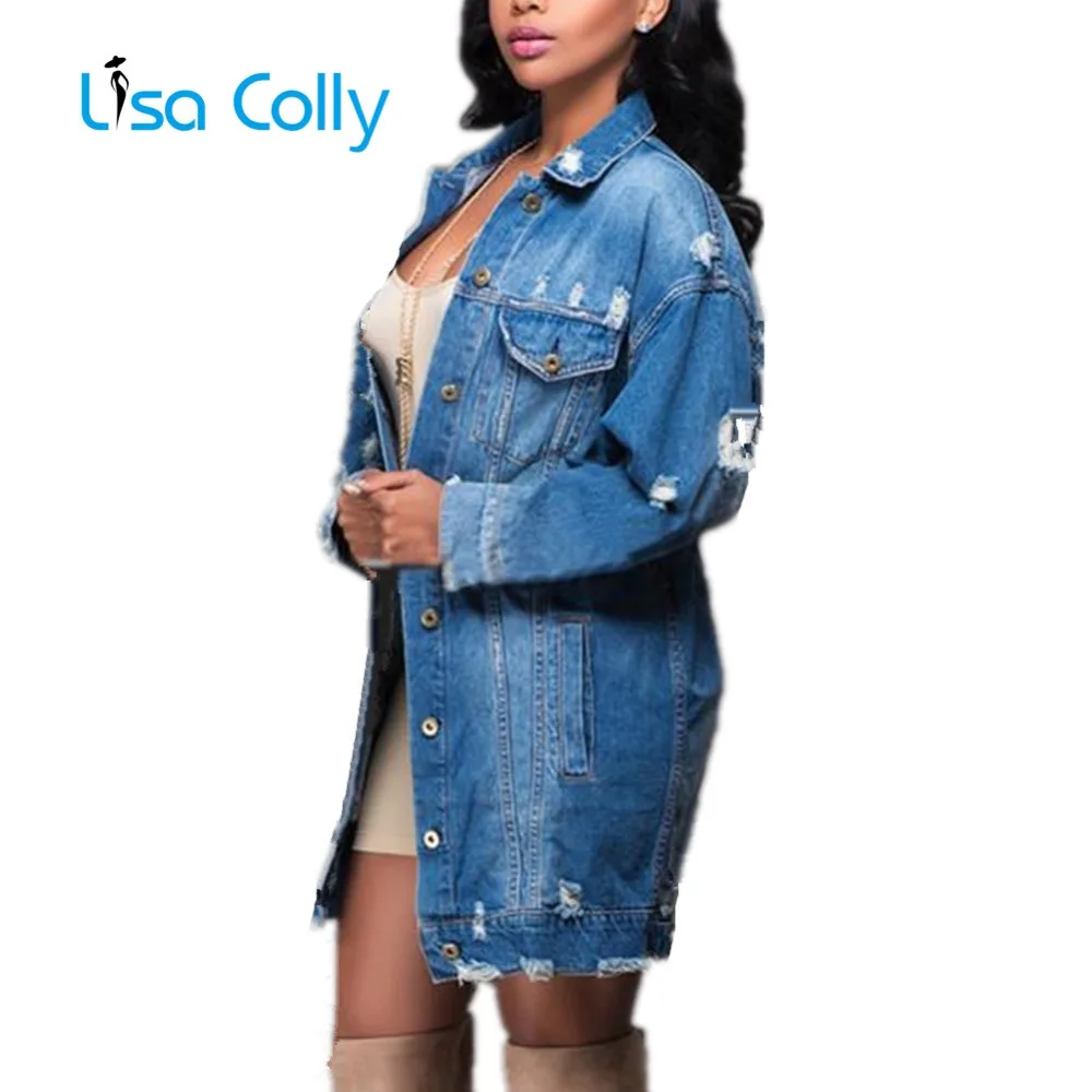 

Lisa Colly New Winter Denim Jacket Coat Women Long Outwear Fashion Long Sleeve Loose Casual Jacket Overcoat Women Jeans Coat