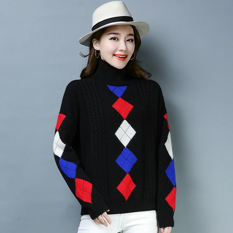 2019 Autumn Winter Diamond Wool Pullovers Sweaters Women Elegant Knitted Turtleneck Long Sleeve Black Sweater Female Knitwear