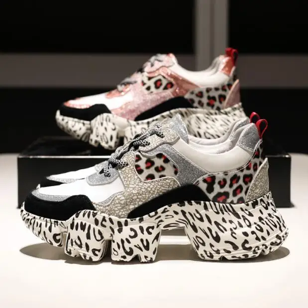 

High Quality Women Sneakers Sport Shoes Breathable Walking Shoes 2019 New Thick Bottom Leopard Leather White Shoes Sneakers W396