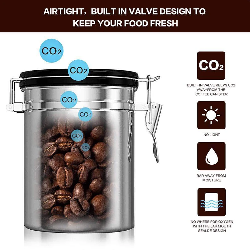 Airtight coffee container – stainless steel co2 valve storage canister with scoop – keeps your coffee fresh flavorful