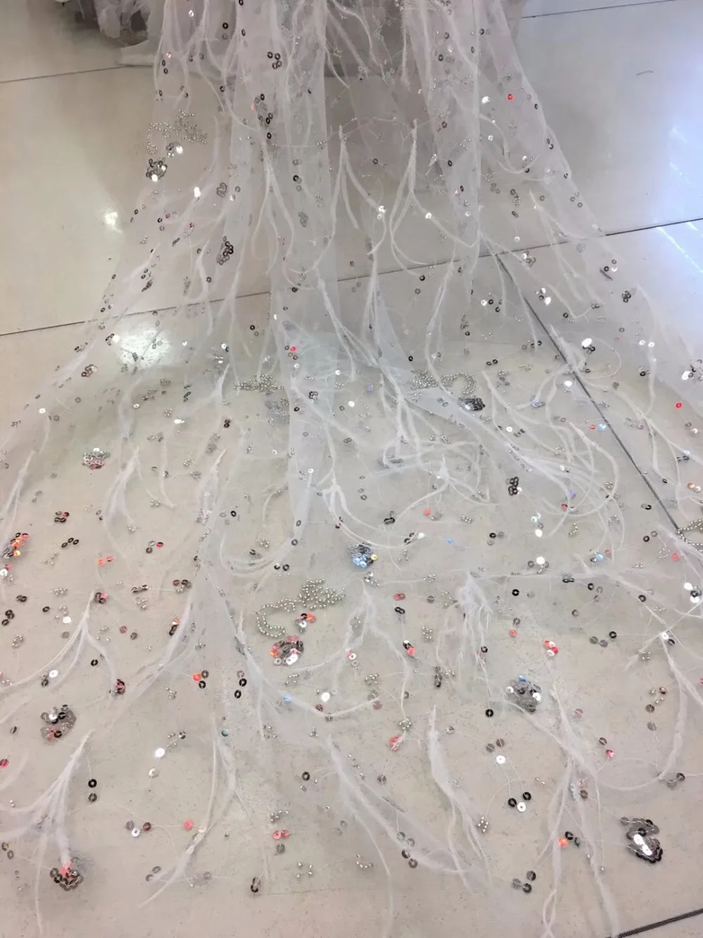 

5yards /lot ja002# offwhite/beige feather sequin flower luxury embroidery tulle mesh lace fabric for evening dress/wedding