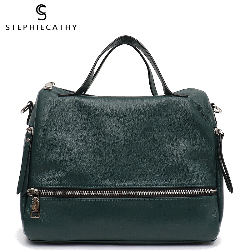 Sac à bandoulière en cuir véritable SC Boston pour filles avec fermeture à glissière Multi poches sacs à poignée supérieure grande capacité sac à bandoulière femme en cuir de vachette véritable