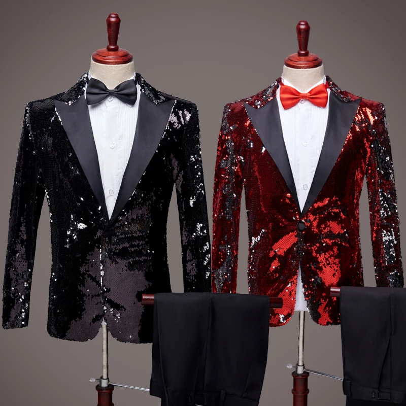 

Men Sequin Suits Blazers Jackets Nightclub Host Coat Costumes Male Chorus Clothes Stage Performance Singer Show Outfit Set DT770