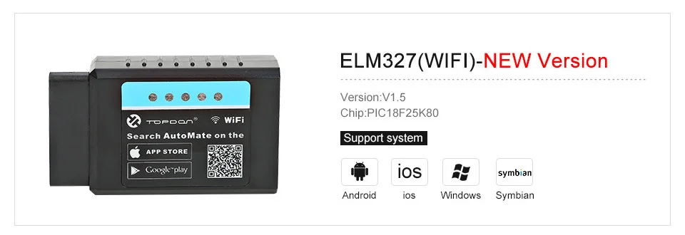 TOPDON 327 V1.5 чип PIC18F25K80 Супер Мини ELM327 OBD2 разъем OBDII EOBD ELM327 сканер Wi-Fi автоматическая проверка двигателя автомобиля