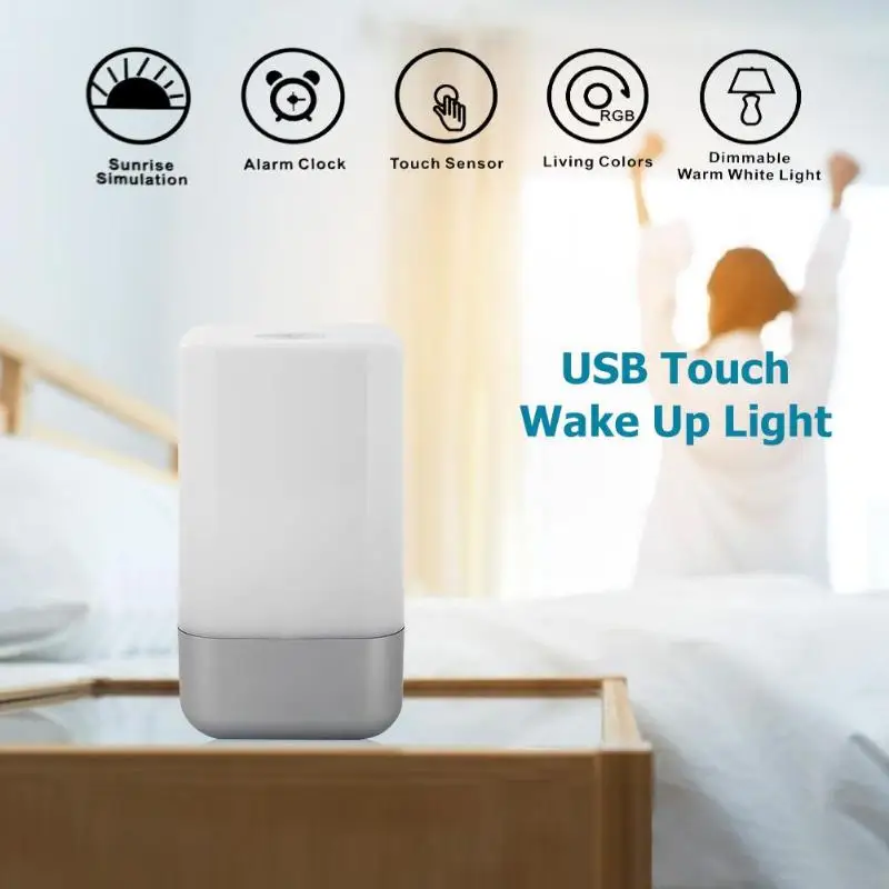USB Touch Alarm Clock Wake Up Light Digital Snooze Nature Sunrise Simulation Home Bedside Night Lamp for Bedroom