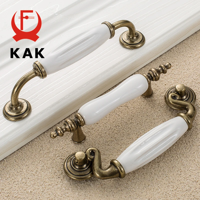 KAK Antique Bronze White Ceramic Cabinet Handles Zinc Alloy Drawer knobs Wardrobe Door Handle Simple European Furniture Hardware