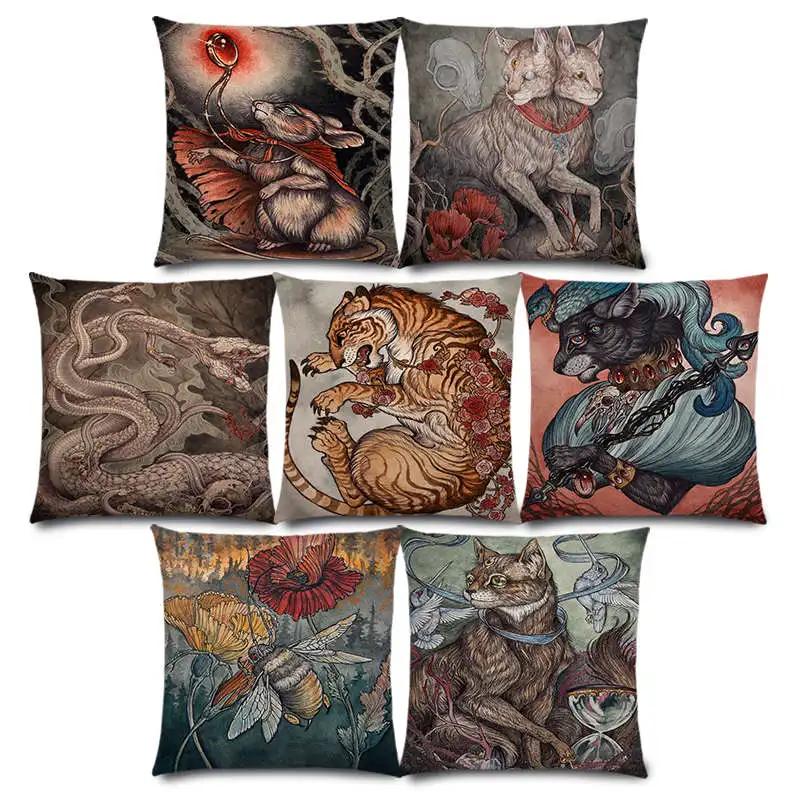 

New Dark Magic Creatures Mysterious Monster Amazing Fantasy Animals Cat Deer Bird Fox Tiger Snake Cushion Cover Pillow Case