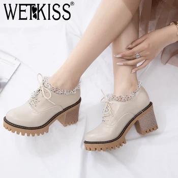 

WETKISS Lace Cross-Tied Women Ankle Boots Lace-Up Thick Heel Shoes Non Slip Platform Female Bootie Casual Round Toe Boots Hot