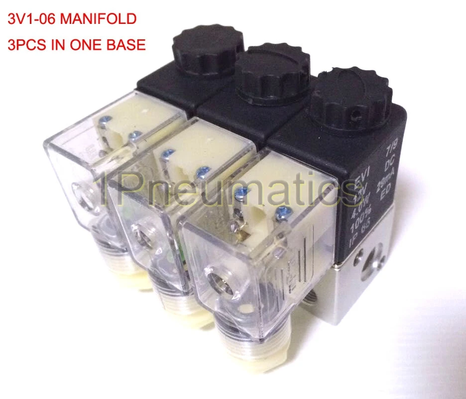 Free Shipping 3PCS Manifold 3V1-06-3F 3 way Pneumatic Aluminium solenoid valve 3V1-06 Port 1/8 3V1 Manifold Base Air Valve DC12V