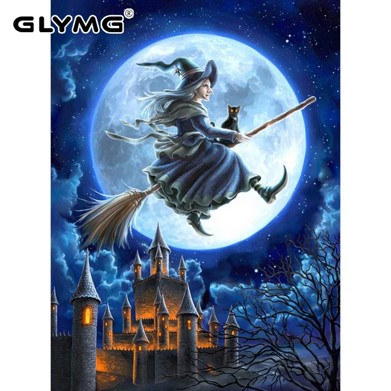GLymg Diy Diamond Painting Cross Stitch Witch with Castle Halloween gift Rhinestones Embroidery full drill kits Home Decor
